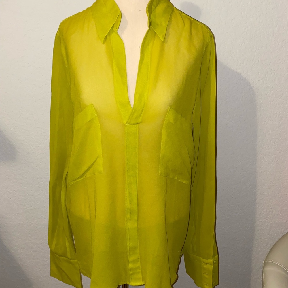 BCBG electric neon sheer button down blouse M